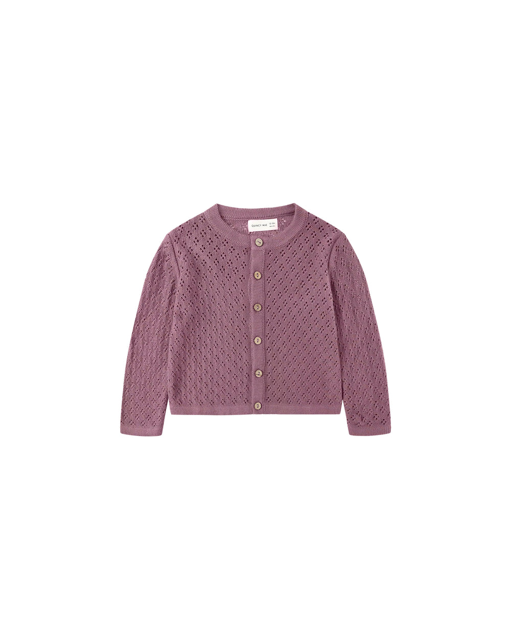 Front view of the Mulberry Knit Cardigan by Quincy Mae, soft organic cotton for babies.