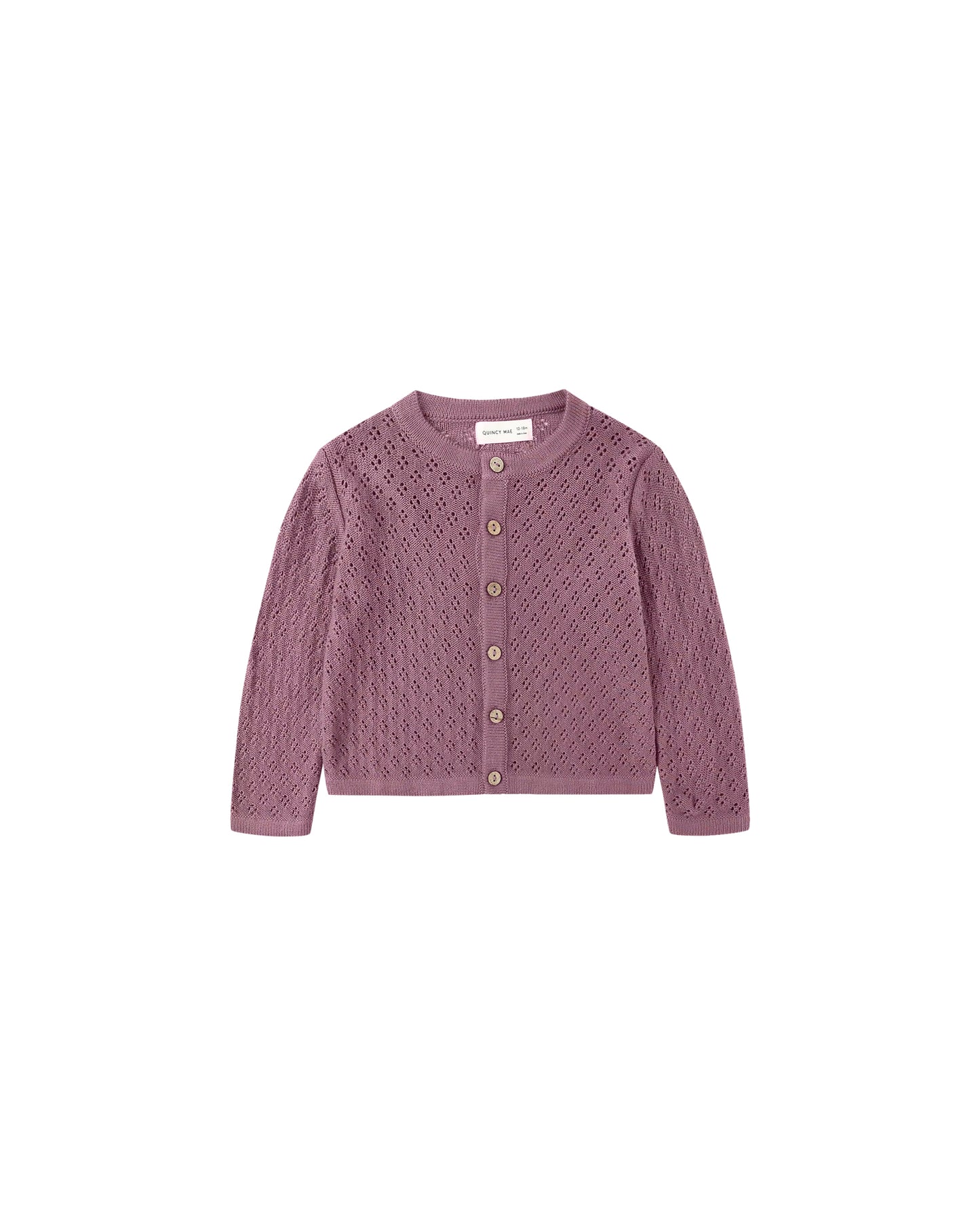 Front view of the Mulberry Knit Cardigan by Quincy Mae, soft organic cotton for babies.