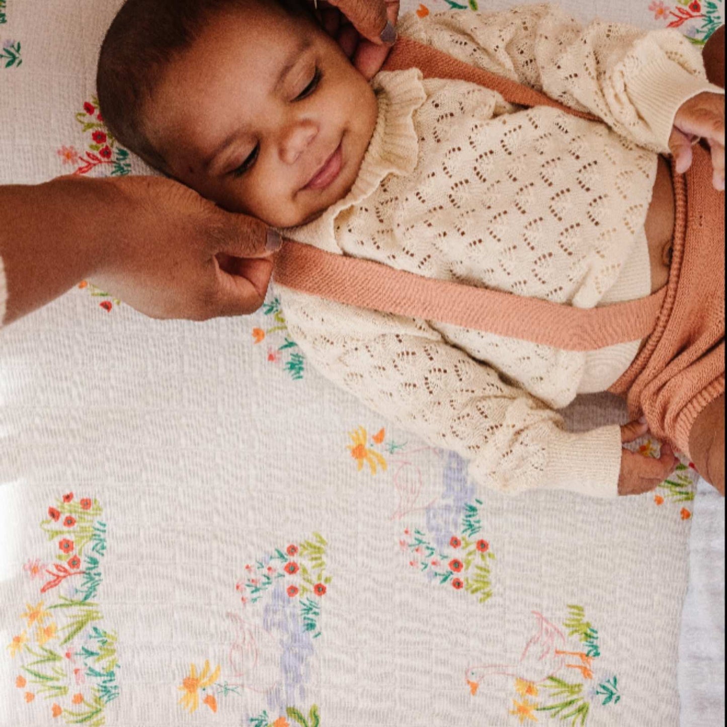Garden Goose Crib Sheet laid flat showing geese and blossom pattern