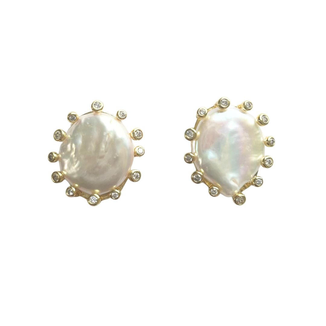 Lexi mother of pearl statement stud earrings in gold brass.