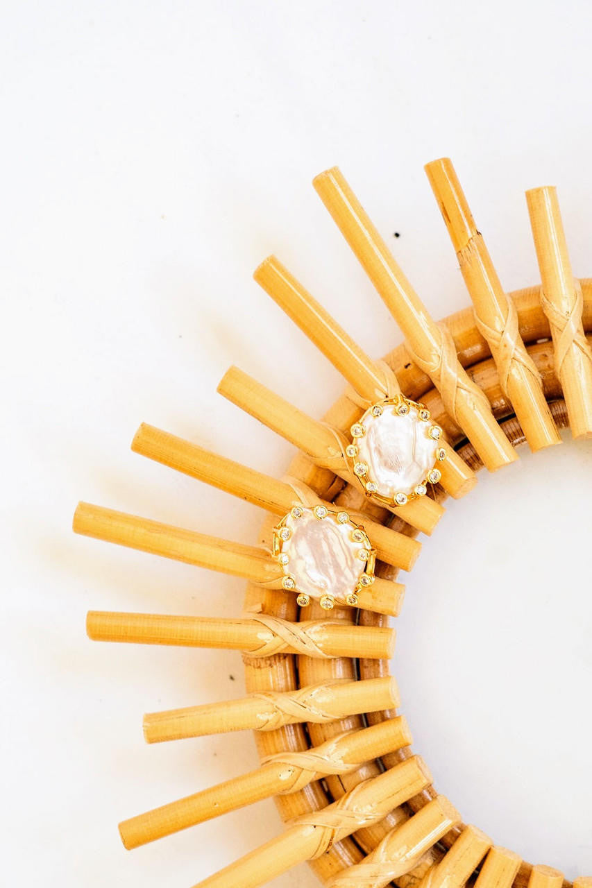 Side angle of Lexi statement stud earrings on ear.