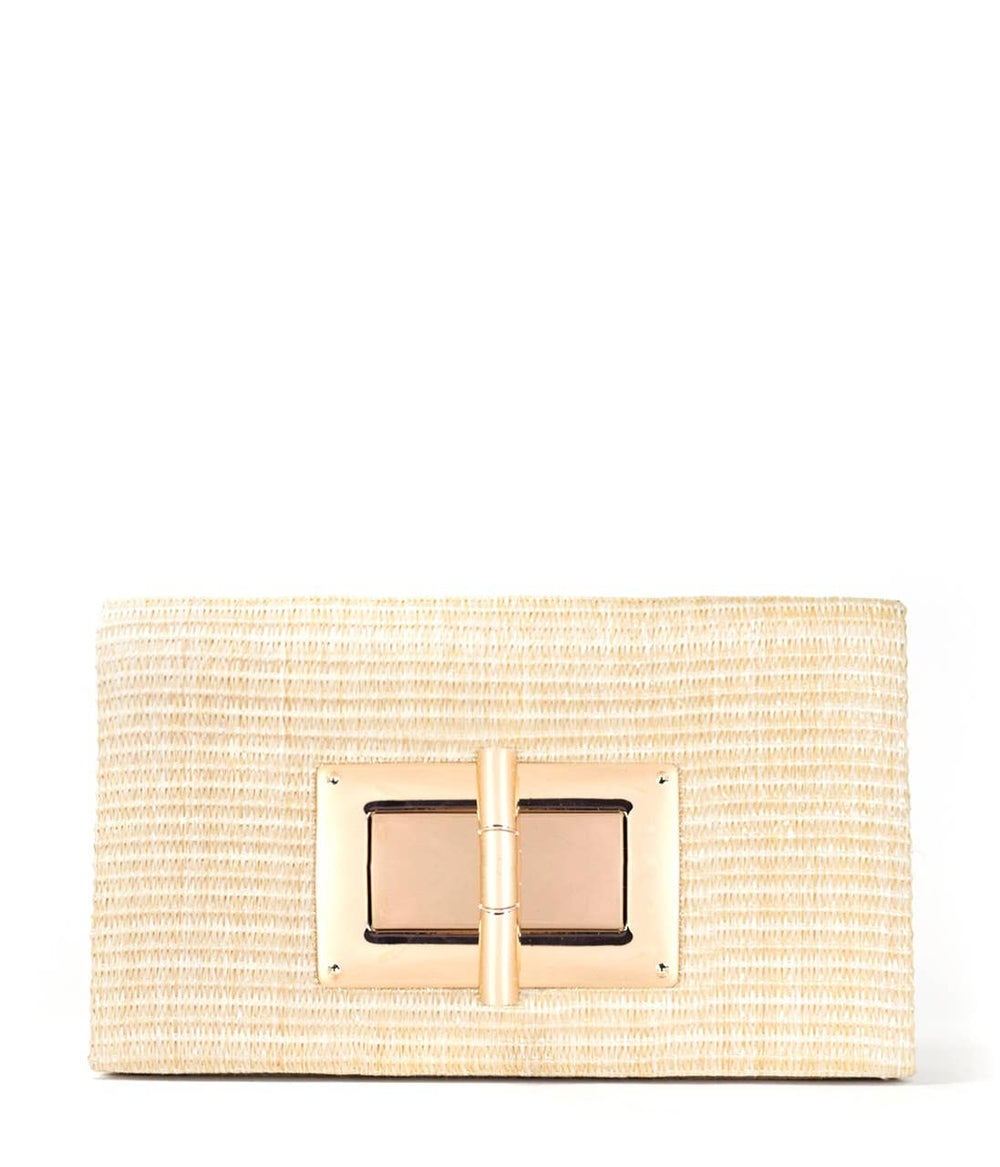 Front view of Lillian Clutch Purse in chic straw with high-shine clasp, showcasing elegant design and versatile style