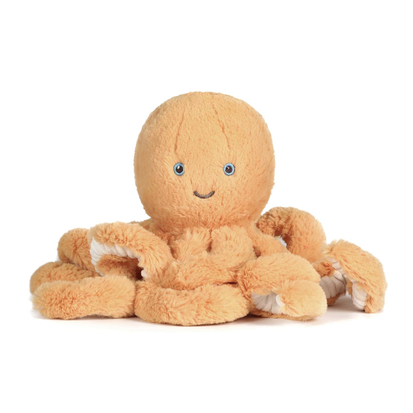 Front view of Little Ollie Octopus gold plush toy by OB Designs, showing sweet embroidered face and soft textured tentacles, perfect for babies and toddlers
