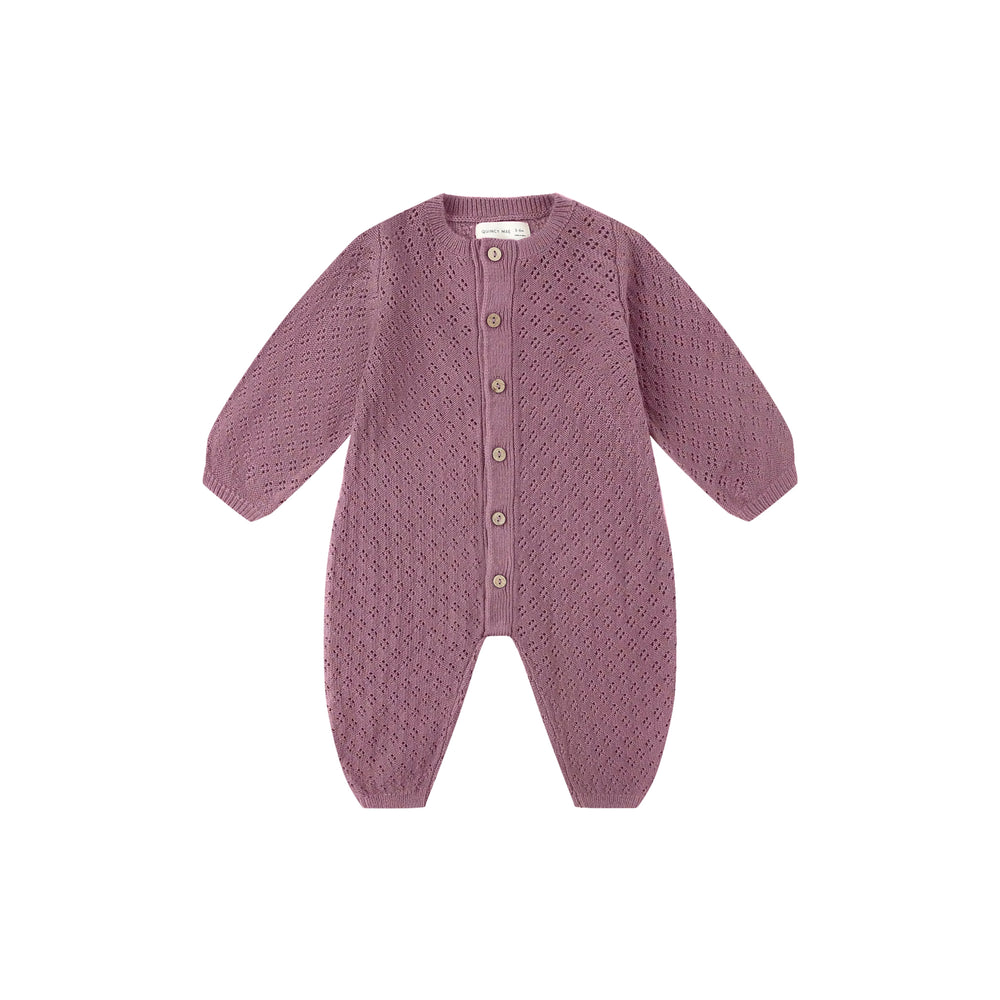 Front view of the Mulberry Long Sleeve Bubble Romper by Quincy Mae, soft organic cotton for babies.