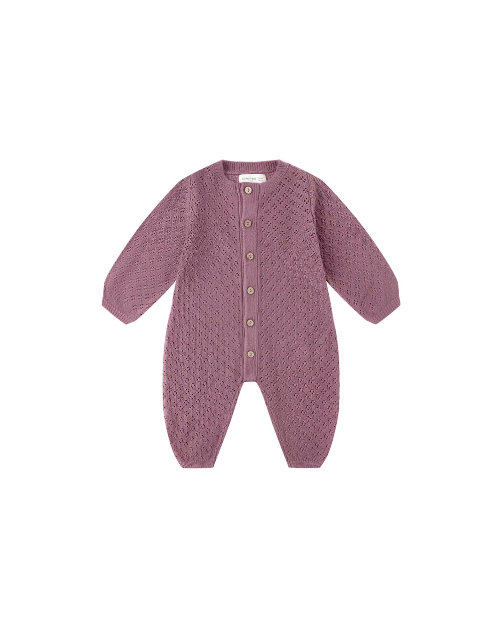 Front view of the Mulberry Long Sleeve Bubble Romper by Quincy Mae, soft organic cotton for babies.