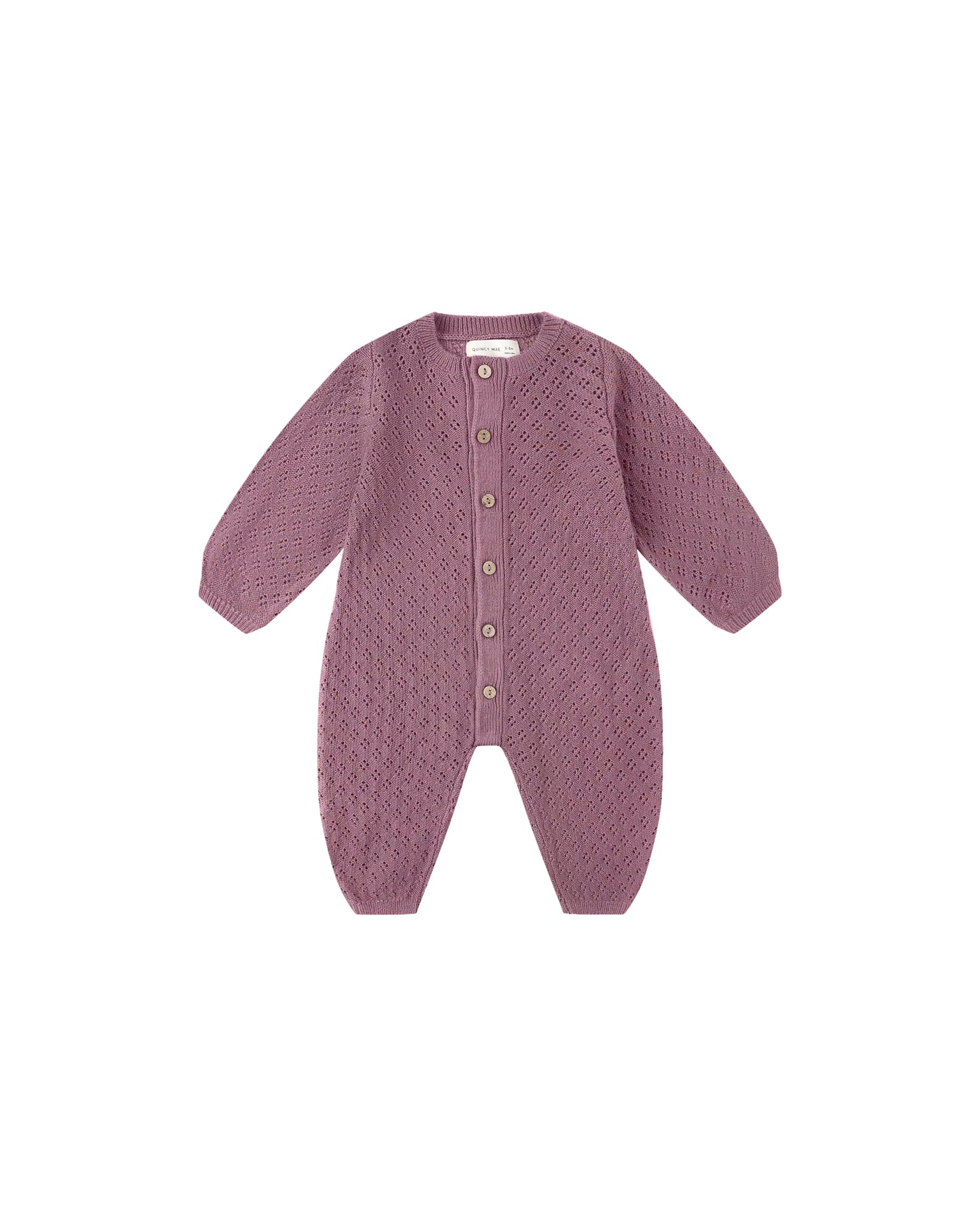 Front view of the Mulberry Long Sleeve Bubble Romper by Quincy Mae, soft organic cotton for babies.