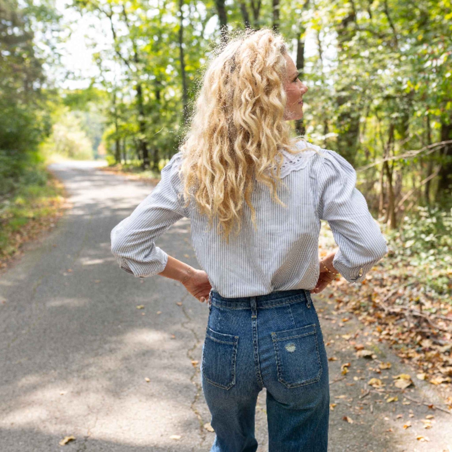 Back view of Louise Top with puff ¾ sleeve detail