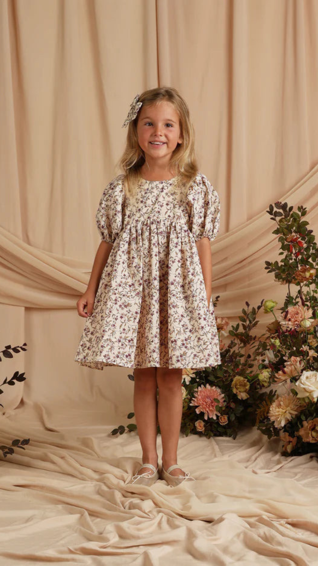 Full view of Luna Dress in fig floral by Noralee, ideal for weddings and holiday events