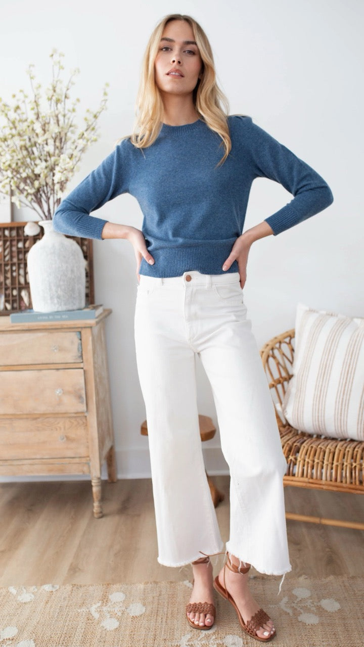 Marea Indigo Puff Sleeve Cashmere Sweater showing full silhouette