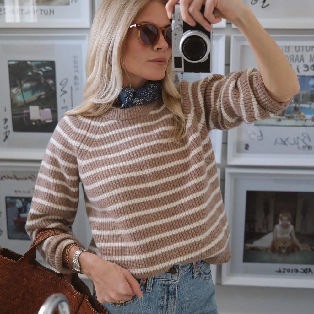 Close-up of Marea Sweater's soft merino wool texture and fine shaker stitch craftsmanship.