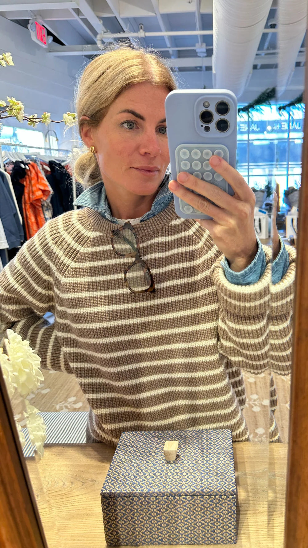 Marea Striped Merino Wool Sweater in camel and ivory, showcasing classic crewneck design and cozy shaker stitch texture.