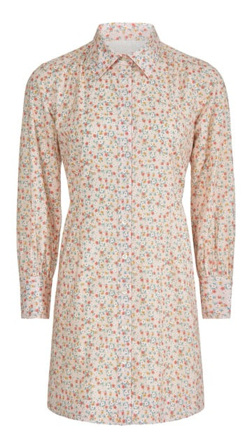 
                      
                        Flatlay of the Maris ditsy floral shirt dress showing front details including spread collar, button placket, and pleated shoulders
                      
                    