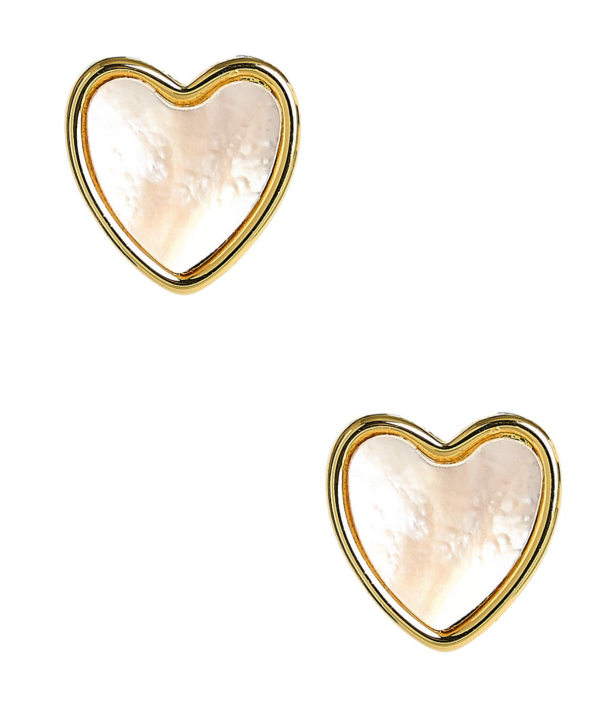 Mother of pearl heart stud earrings in 18k gold plating by Darby Clark styled in flatlay.