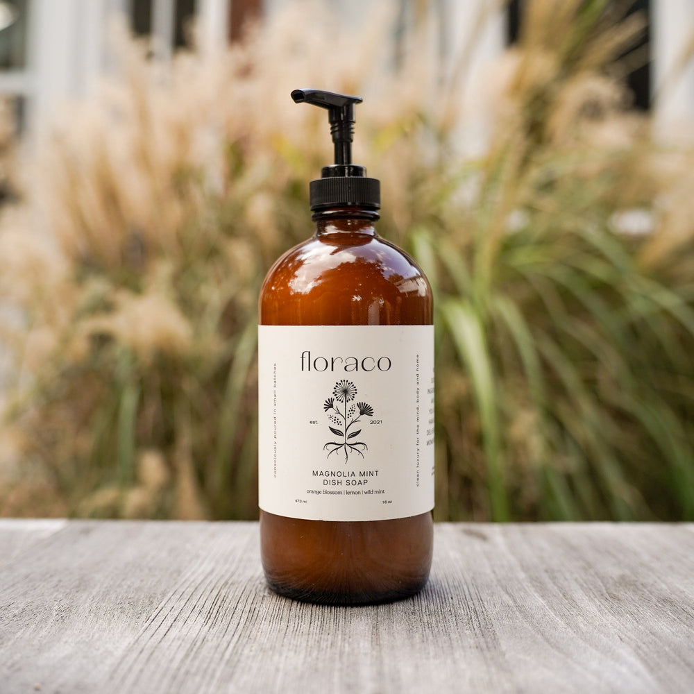 Magnolia Mint Refillable Glass Dish Soap: Wild Mint, Orange Blossom, Eucalyptus, Lemon, Mint + Tomato Leaf Scented