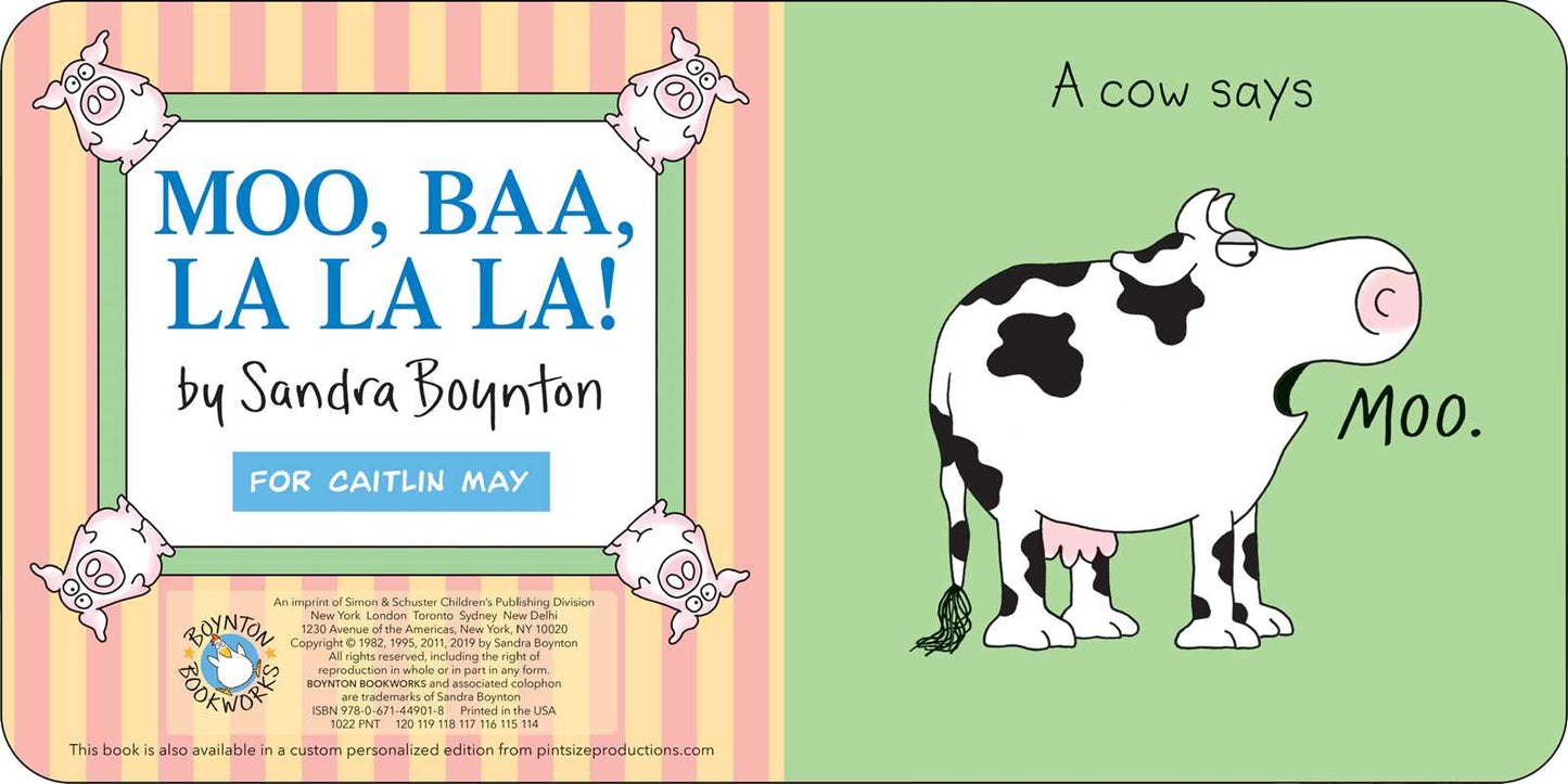Close-up of open pages in Moo, Baa, La La La! showing playful animal illustrations