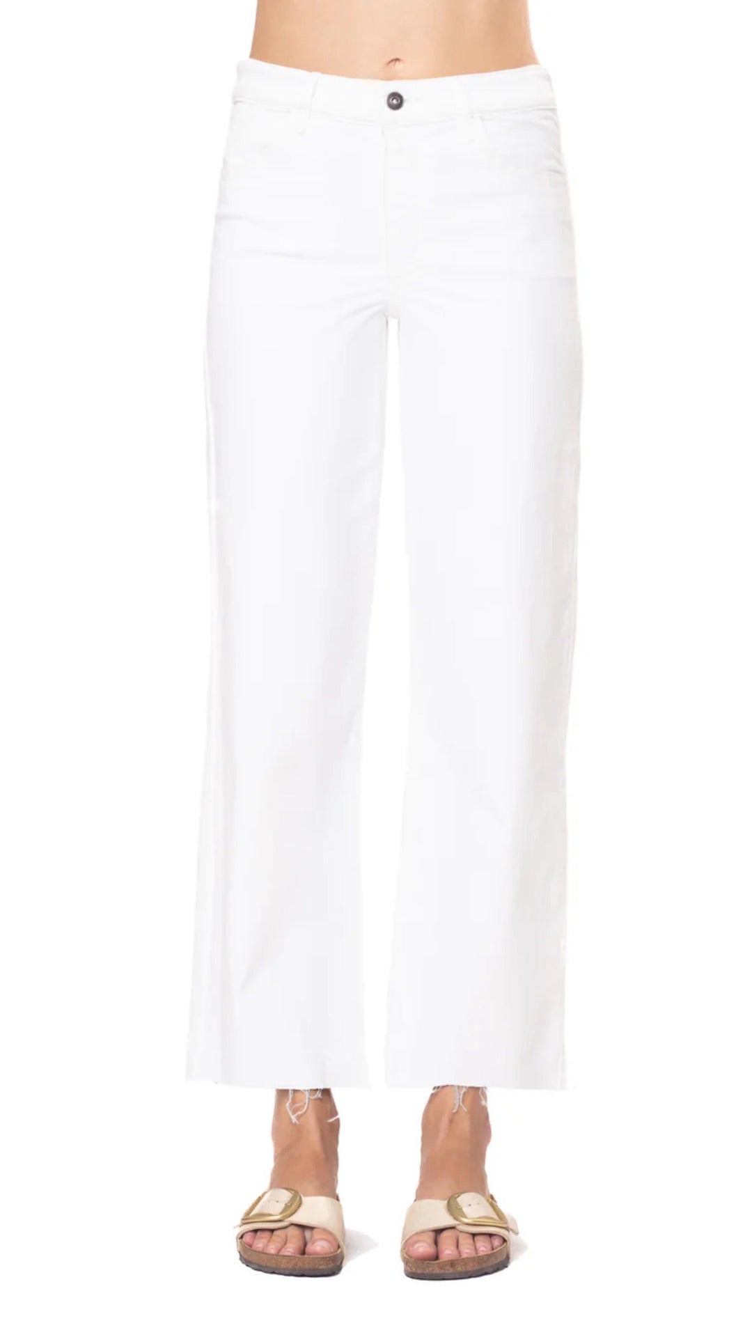 Front view of Morrison Denim Fly Girl Jeans in White – cropped wide-leg silhouette with flattering contour waistband