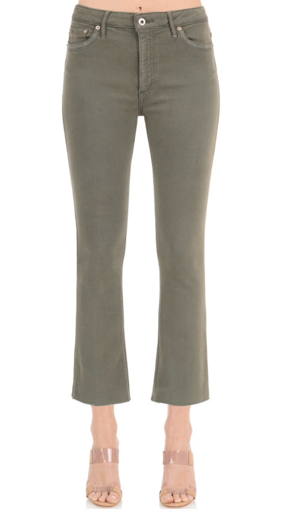 Front view of the Starlet Boot Crop Jeans in Nation Green by Morrison Denim, showcasing the cropped straight leg with slight flare and flattering fit.