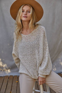 Close-up detail of crochet knit texture in natural cotton blend sweater by By Together