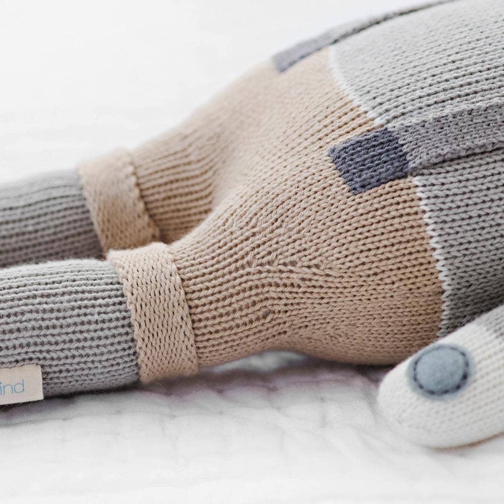 
                      
                        Close-up of the hand-knit detailing on Noah the Dog’s legs and waist, made from sustainable cotton yarn.
                      
                    