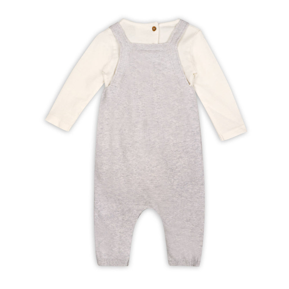 
                      
                        Back flatlay of Viverano Organic Cotton Puppy Sweater Knit Baby Overall showing soft natural fabric and button straps
                      
                    