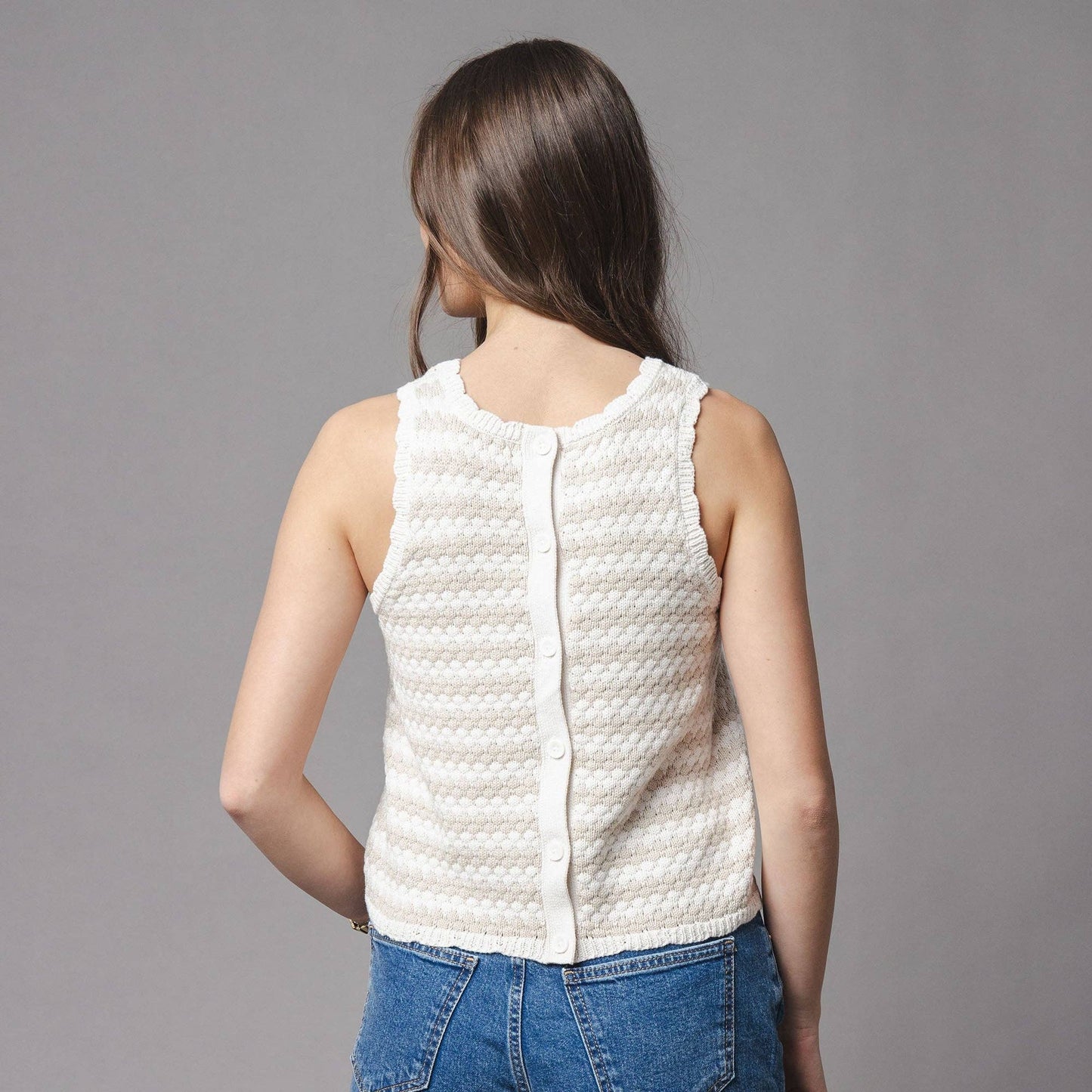Woman wearing Organic Button Back Sweater Tank in GOTS-certified cotton — Grace & Haven, Essex CT