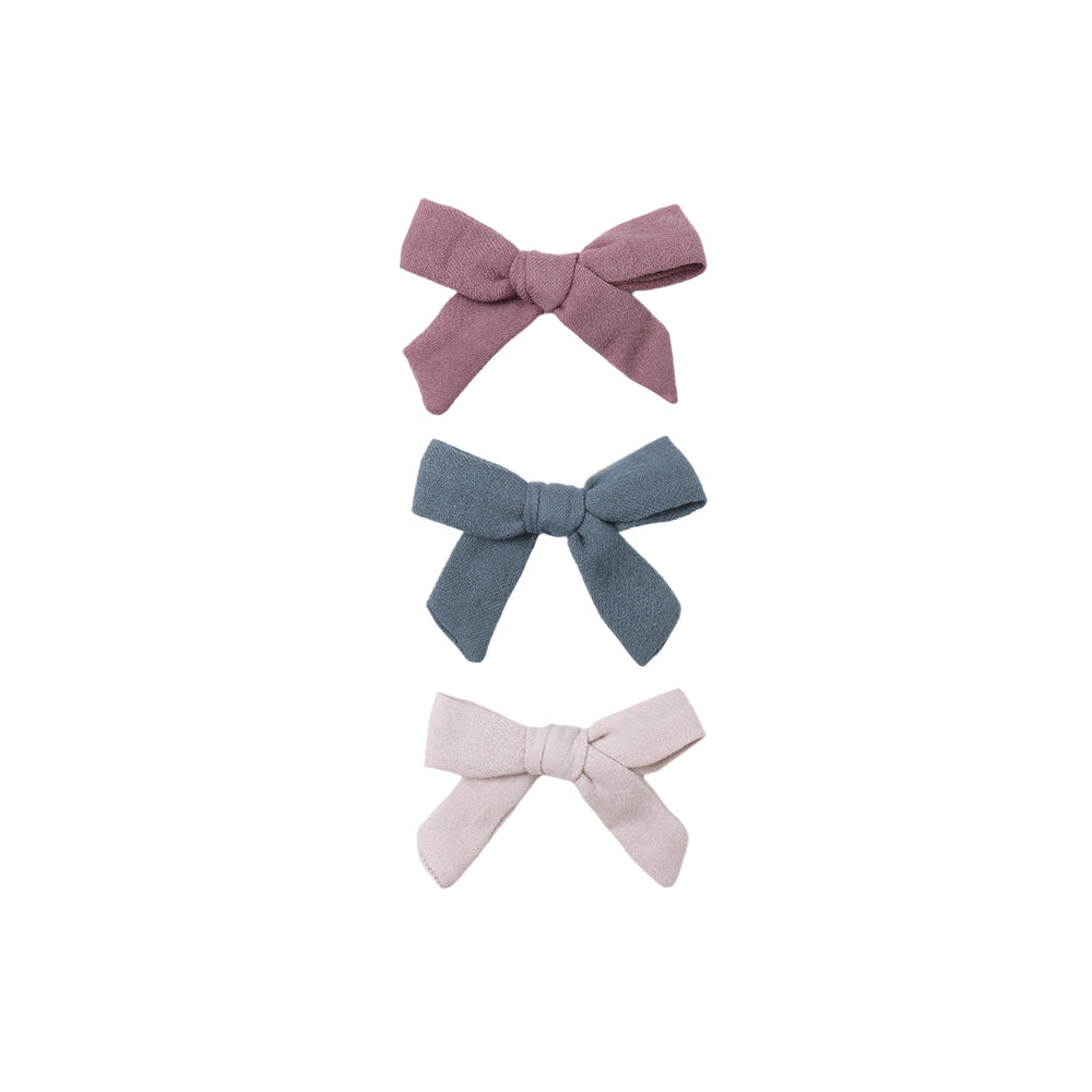 Front view of the Mulberry, Ocean, and Lilac organic cotton bow clips, showcasing their soft fabric and vibrant colors.