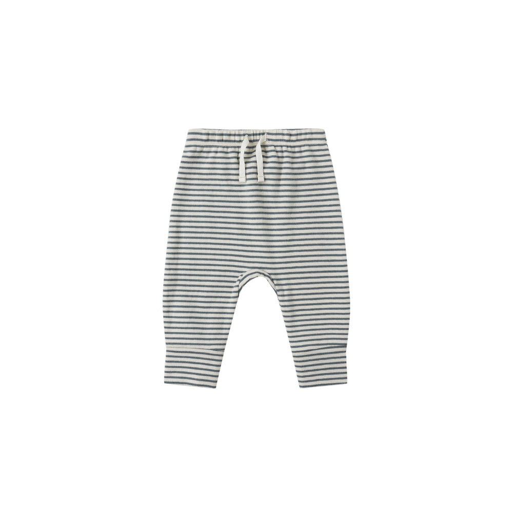 Front view of the Ocean Micro Stripe Drawstring Pant, showcasing the soft organic cotton fabric and subtle stripe pattern.