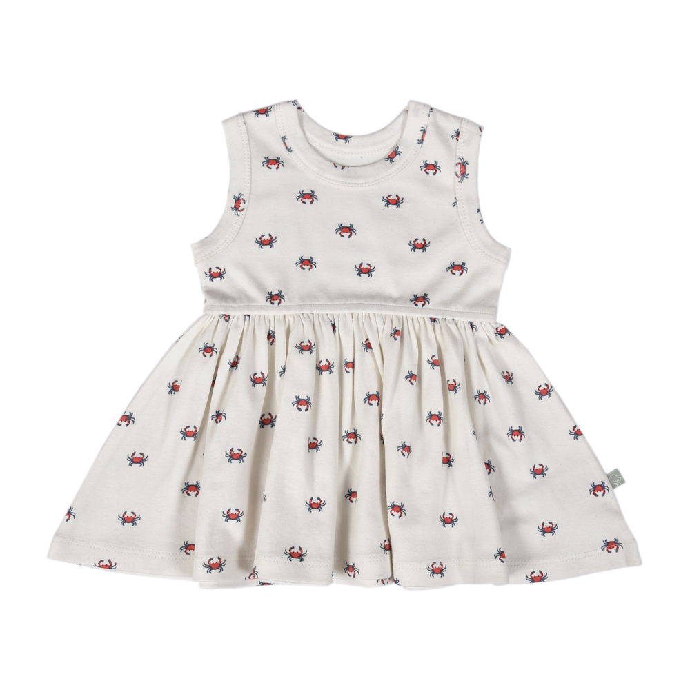 Flat lay of Organic Cotton Crab Print Tank Twirl Dress, showcasing whimsical crab pattern and soft fabric
