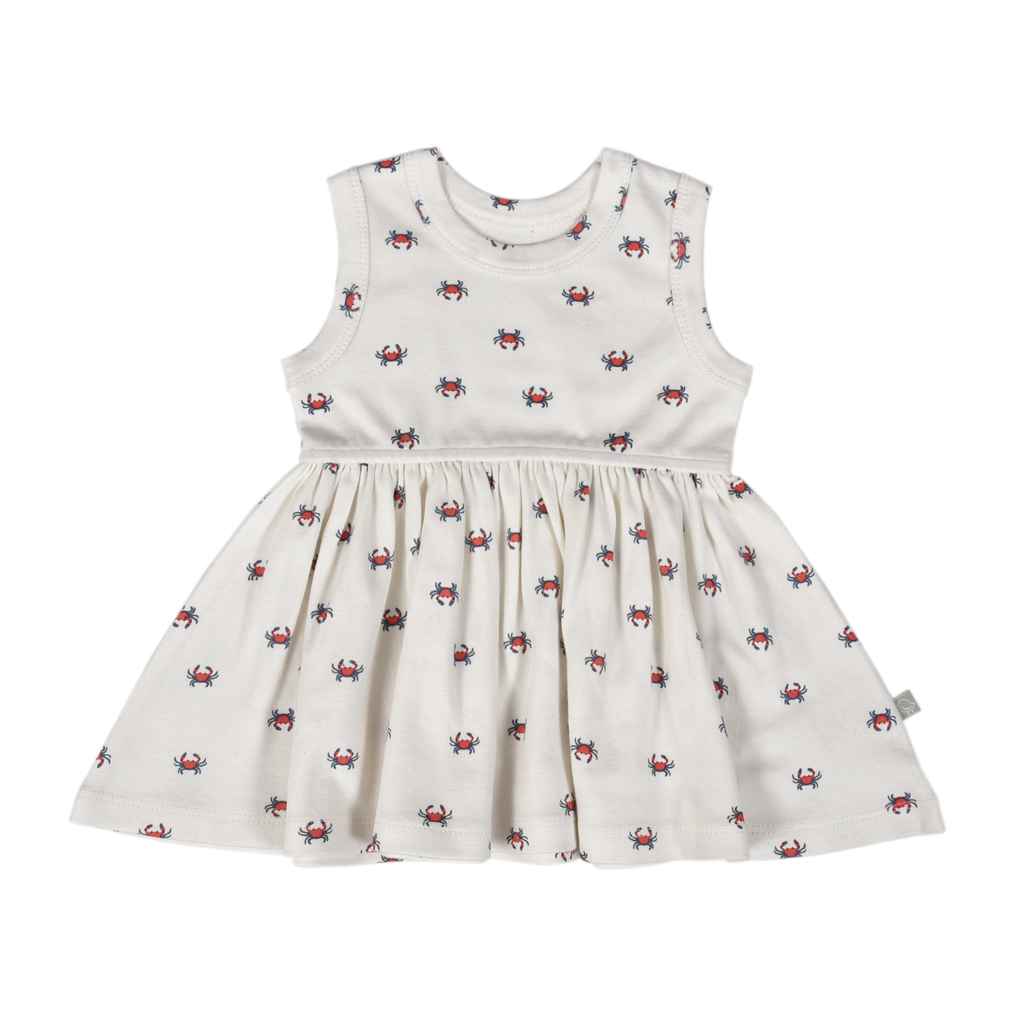 Flat lay of Organic Cotton Crab Print Tank Twirl Dress, showcasing whimsical crab pattern and soft fabric