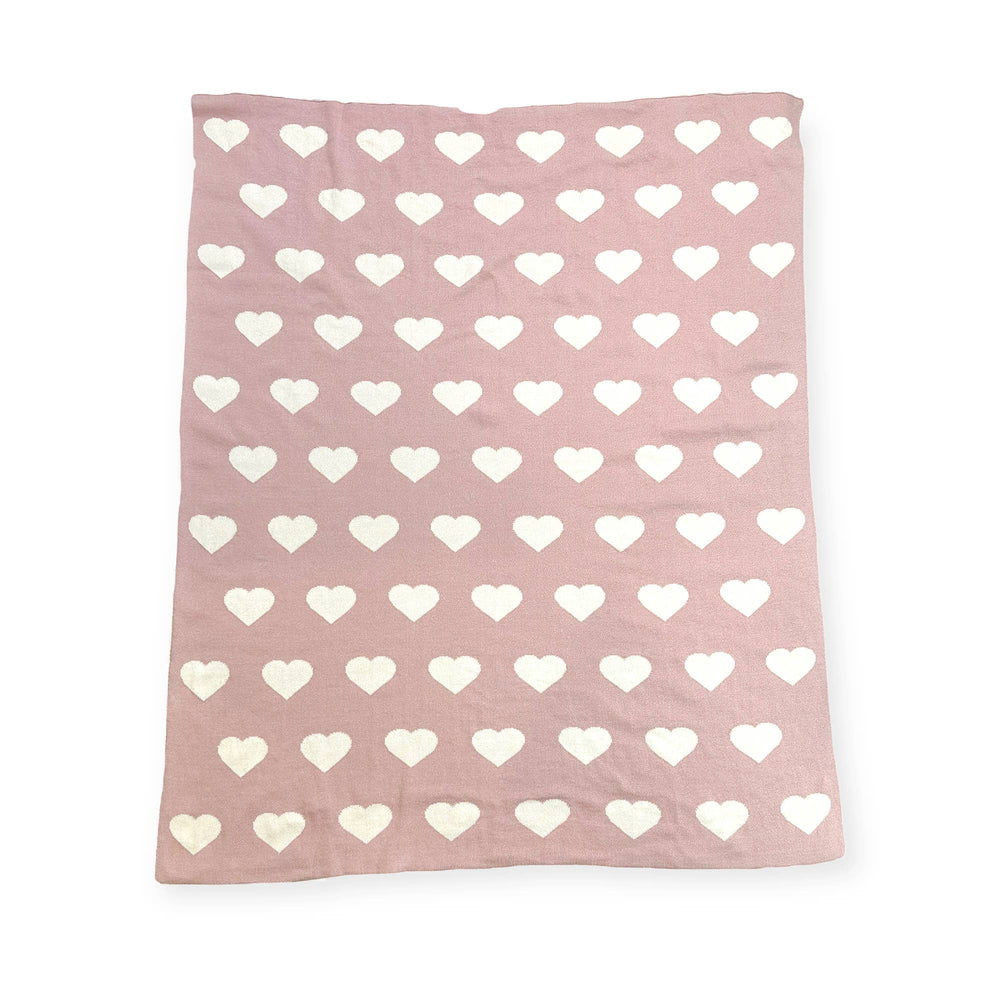 Flatlay front view of Viverano Organic Cotton Baby Blanket with hearts jacquard knit in primary color side