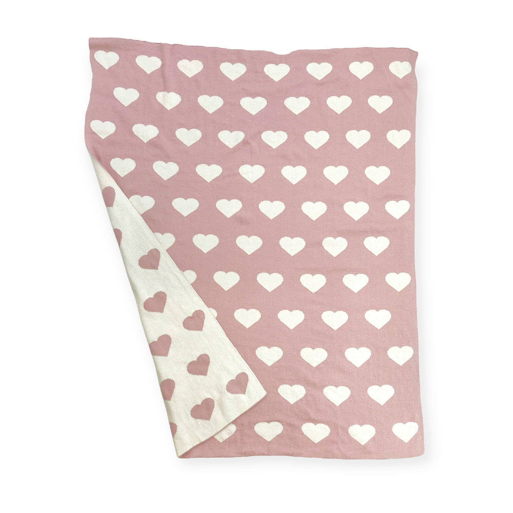 
                      
                        Flatlay of Viverano Organic Cotton Reversible Hearts Baby Blanket in soft jacquard knit
                      
                    