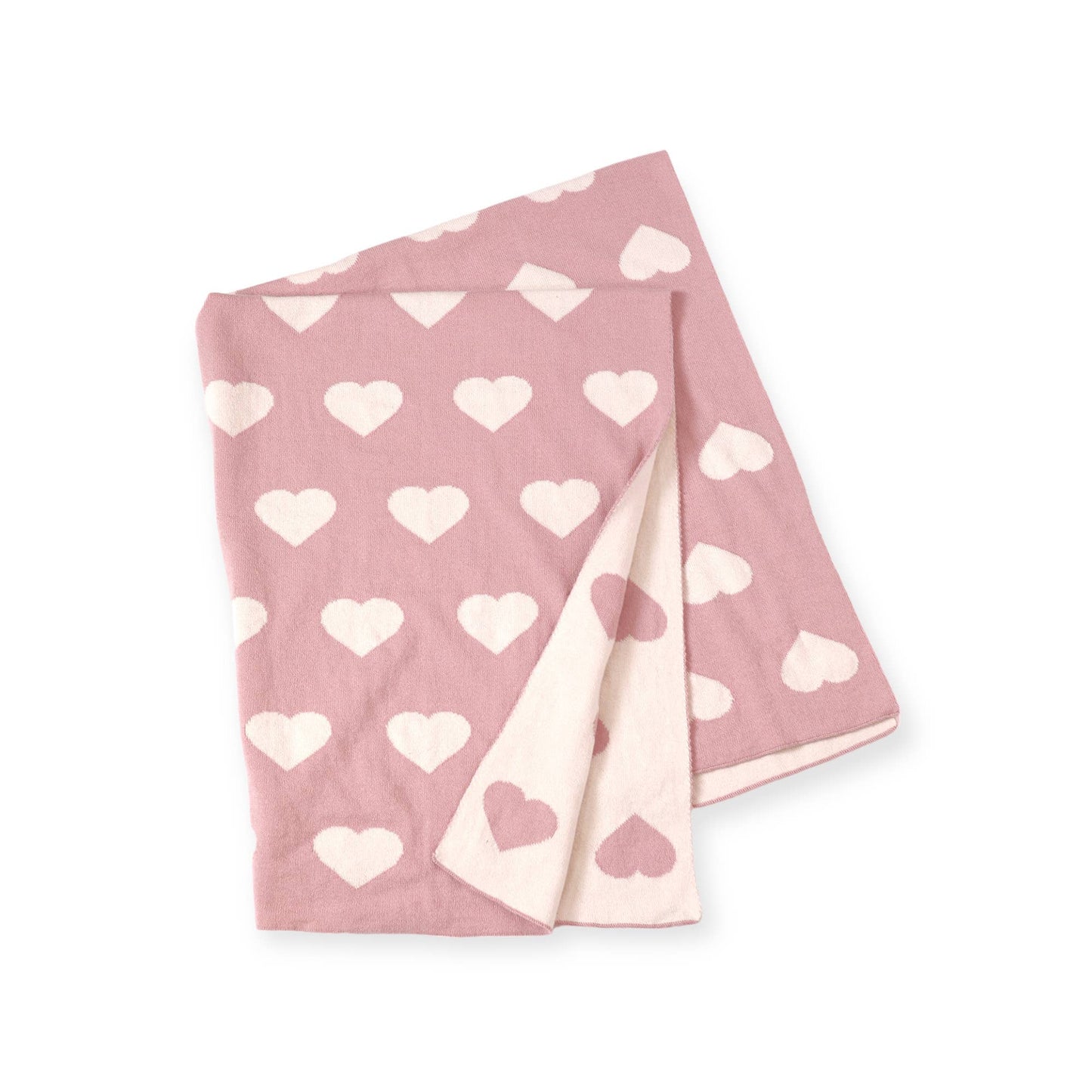 Close-up of folded Viverano Hearts Baby Blanket showing reversible jacquard heart design in two-tone cotton knit