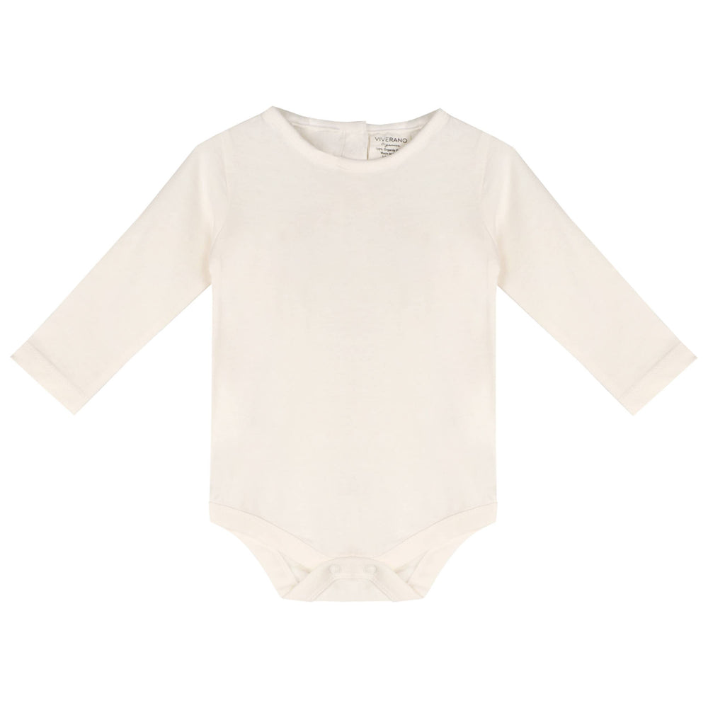 
                      
                        Flatlay of organic cotton long-sleeve baby bodysuit included in Viverano Puppy Overall Set
                      
                    