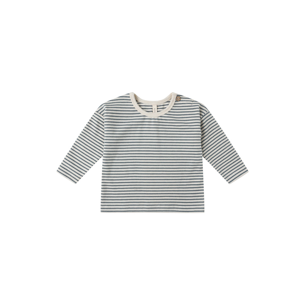 Front view of the Ocean Micro Stripe Organic Long Sleeve Tee by Quincy Mae, soft breathable cotton for kids.