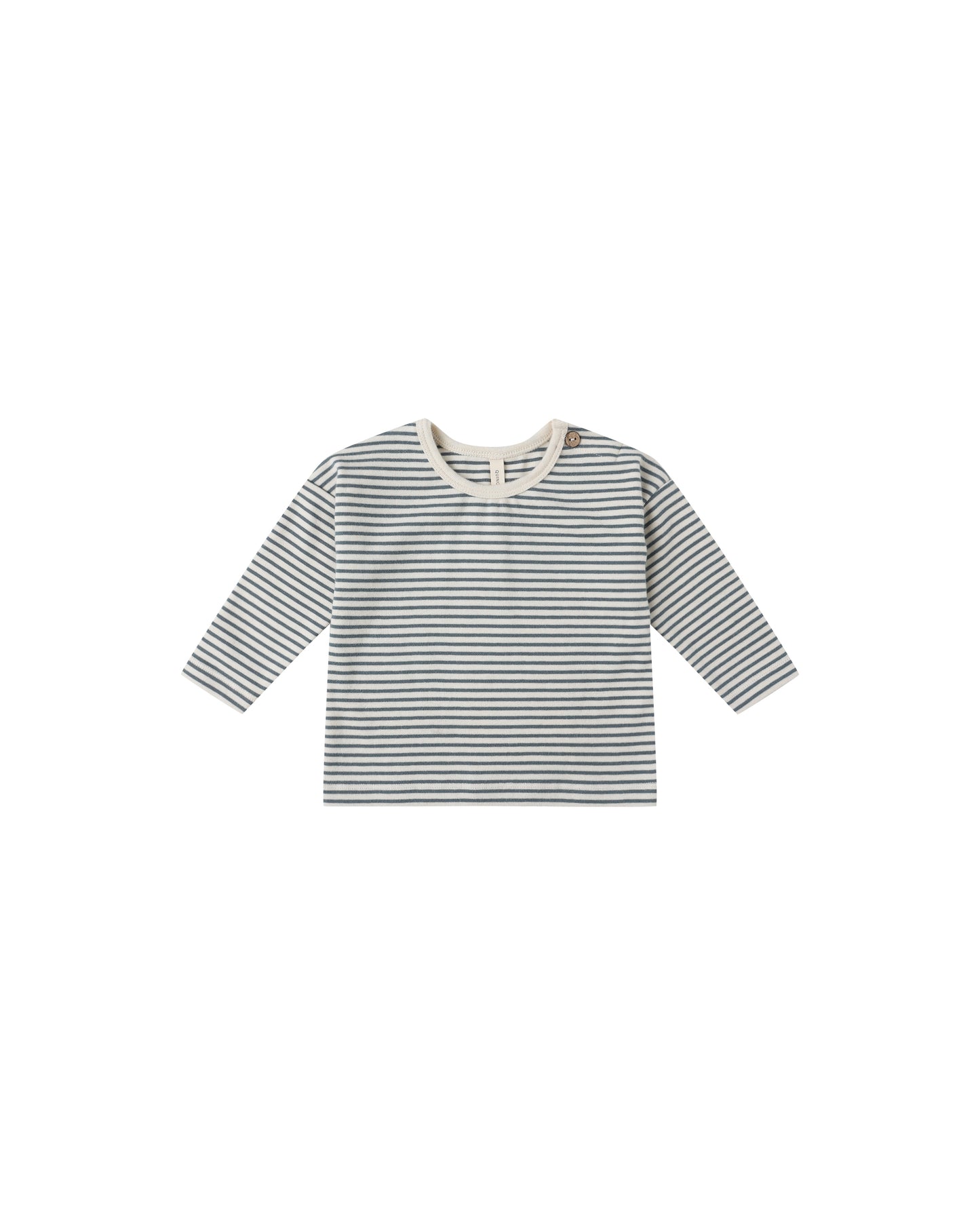Front view of the Ocean Micro Stripe Organic Long Sleeve Tee by Quincy Mae, soft breathable cotton for kids.