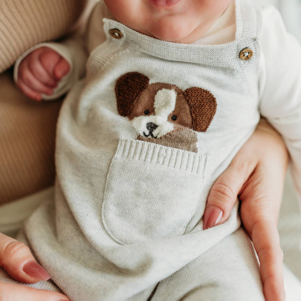 
                      
                        Seated baby wearing sweater knit Puppy Overall Set by Viverano, with cozy organic fabric and playful design
                      
                    