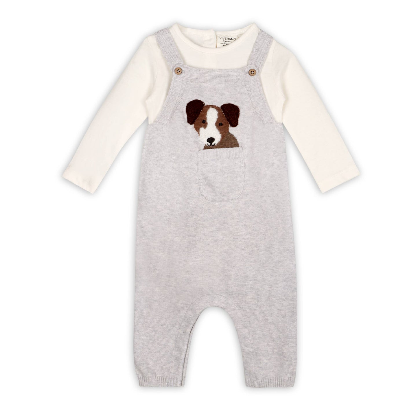 Flatlay of Viverano Organic Cotton Puppy Baby Overall Set with 3D dog pocket and long-sleeve bodysuit