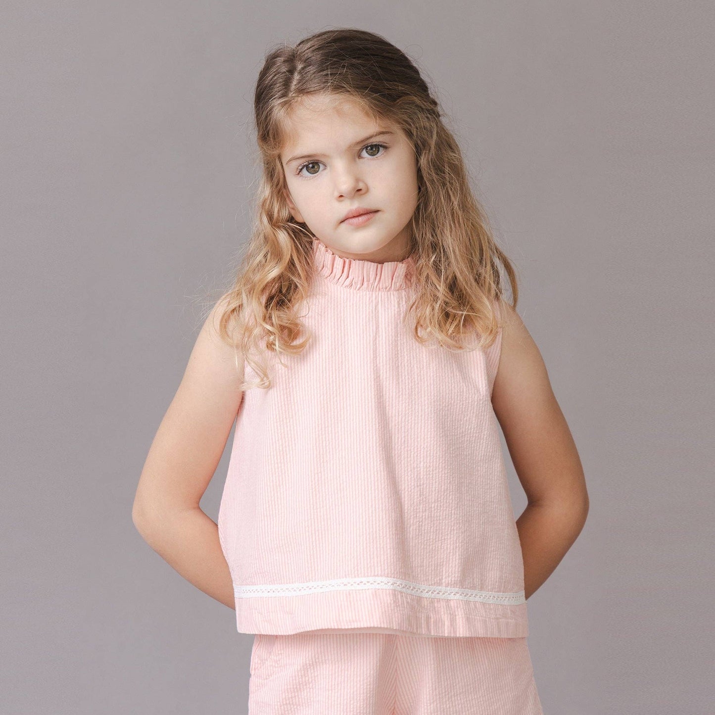 Organic Ruffle Neck Seersucker Top in GOTS-certified Rose cotton — Grace & Haven boutique
