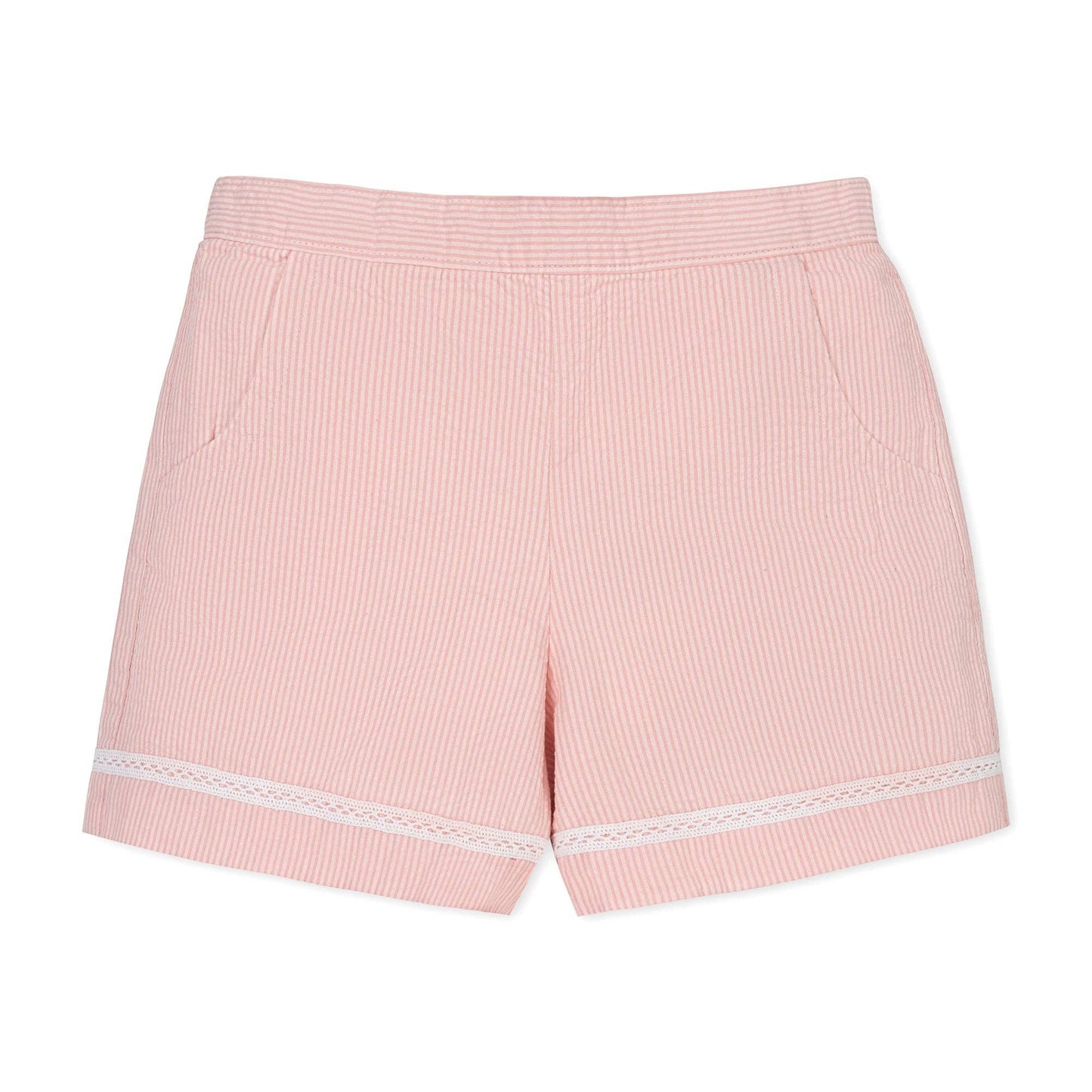 Flat lay of Organic Seersucker Pull-On Short in Rose GOTS-certified seersucker cotton