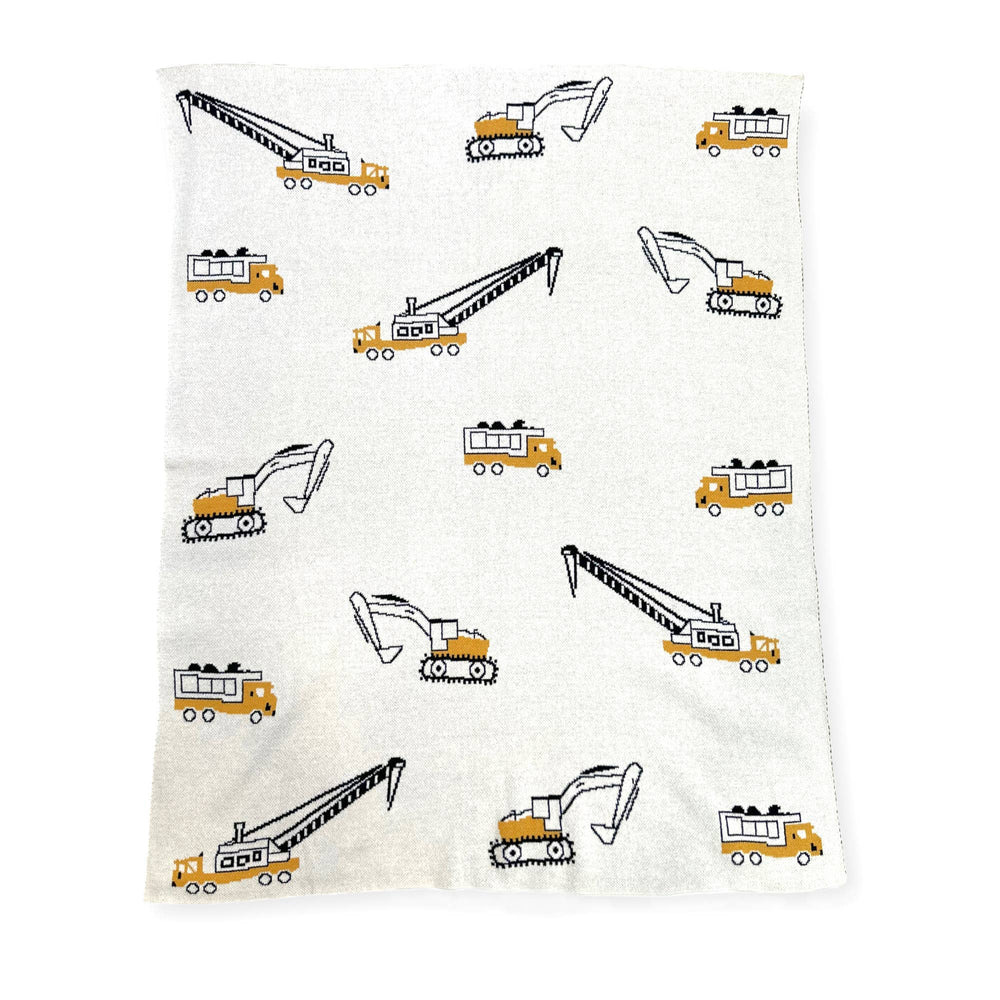 
                      
                        Flatlay front view of Viverano Organic Cotton Trucks Baby Blanket featuring jacquard truck design
                      
                    