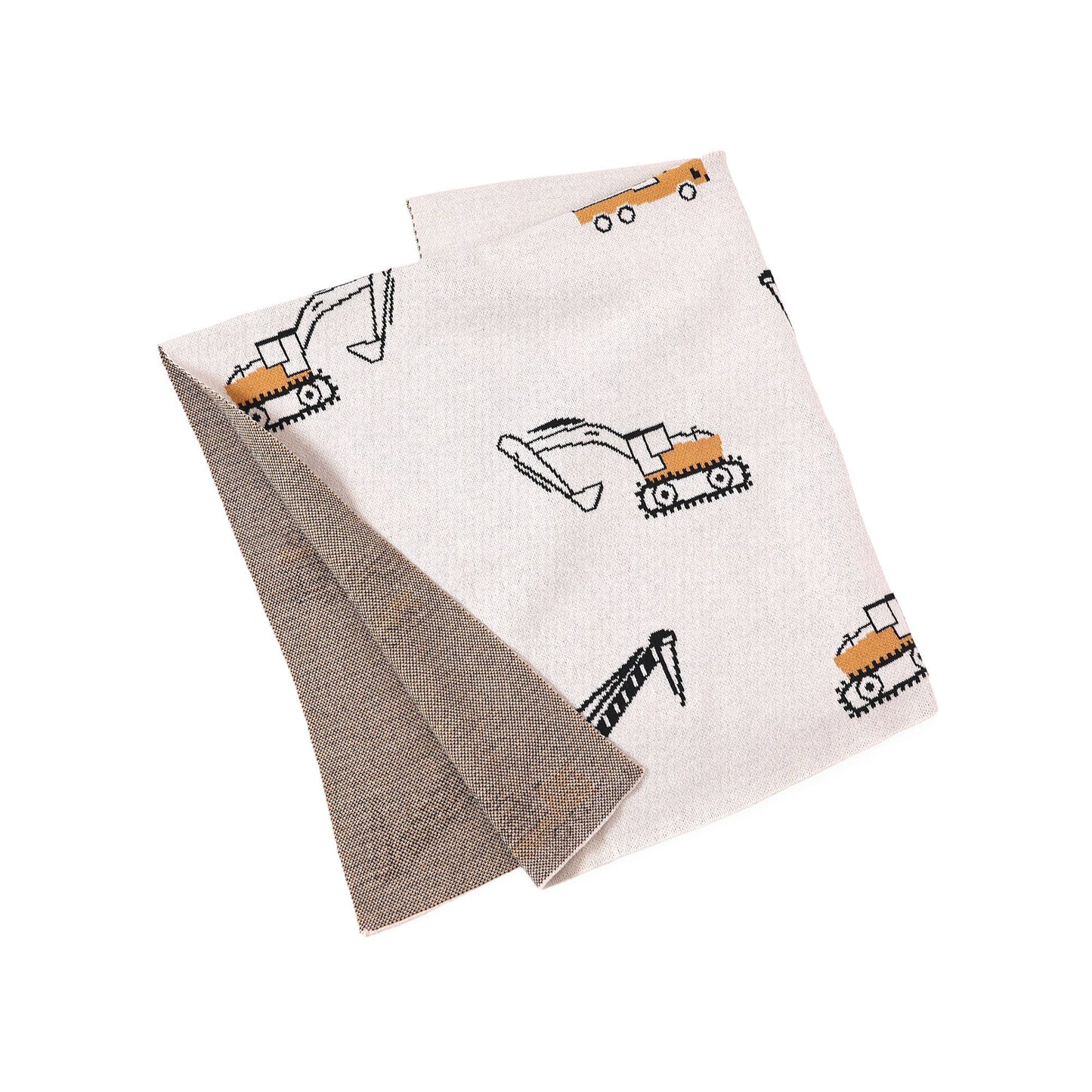Folded Viverano Organic Cotton Baby Blanket with trucks design, showing soft and breathable knit texture