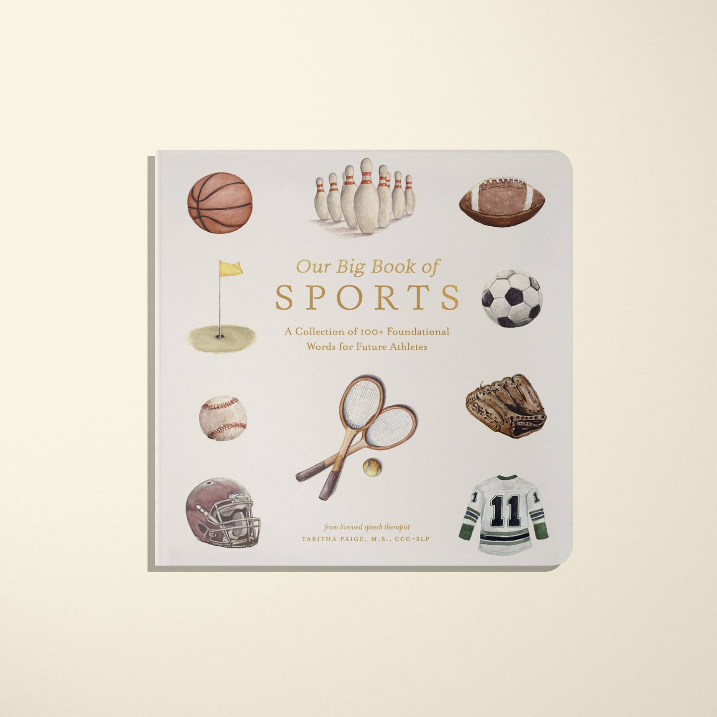 Flat lay of Our Big Book of Sports board book open to colorful sports illustration pages