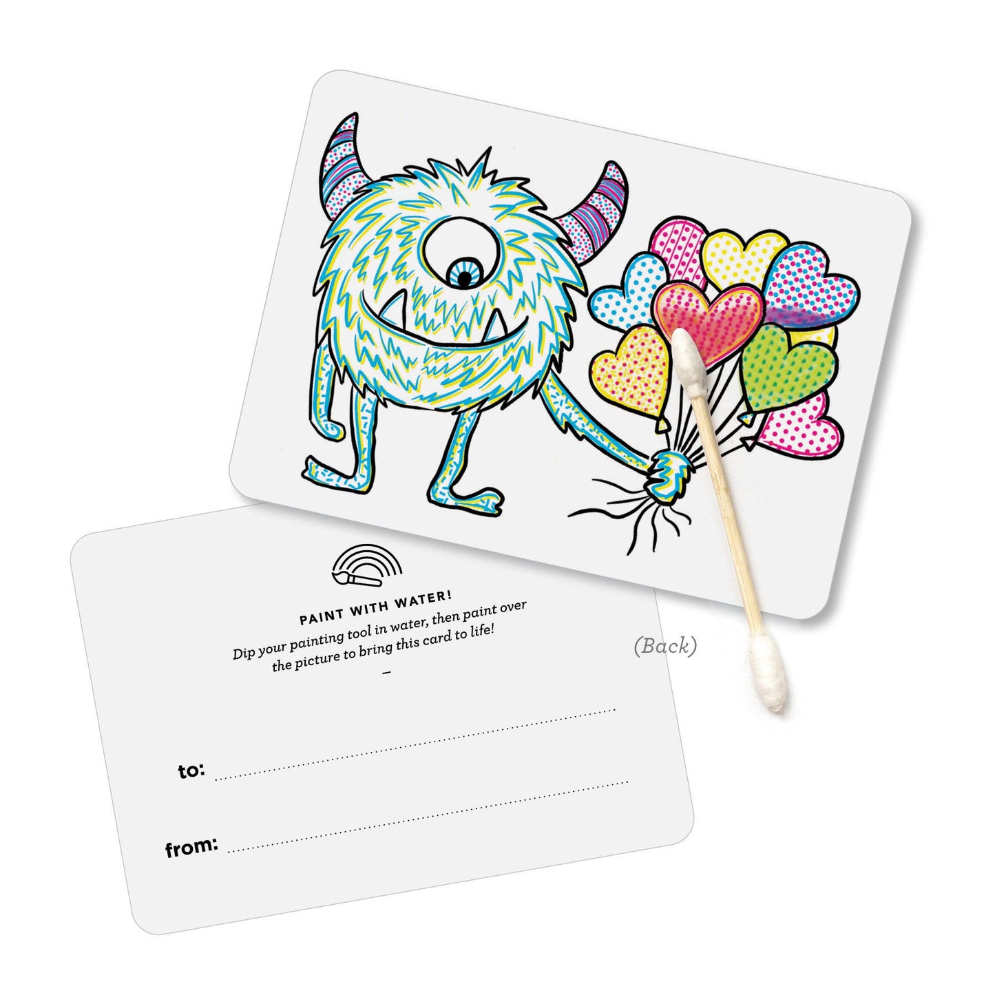 Close-up of monster Valentine card showing vibrant colors activated with water