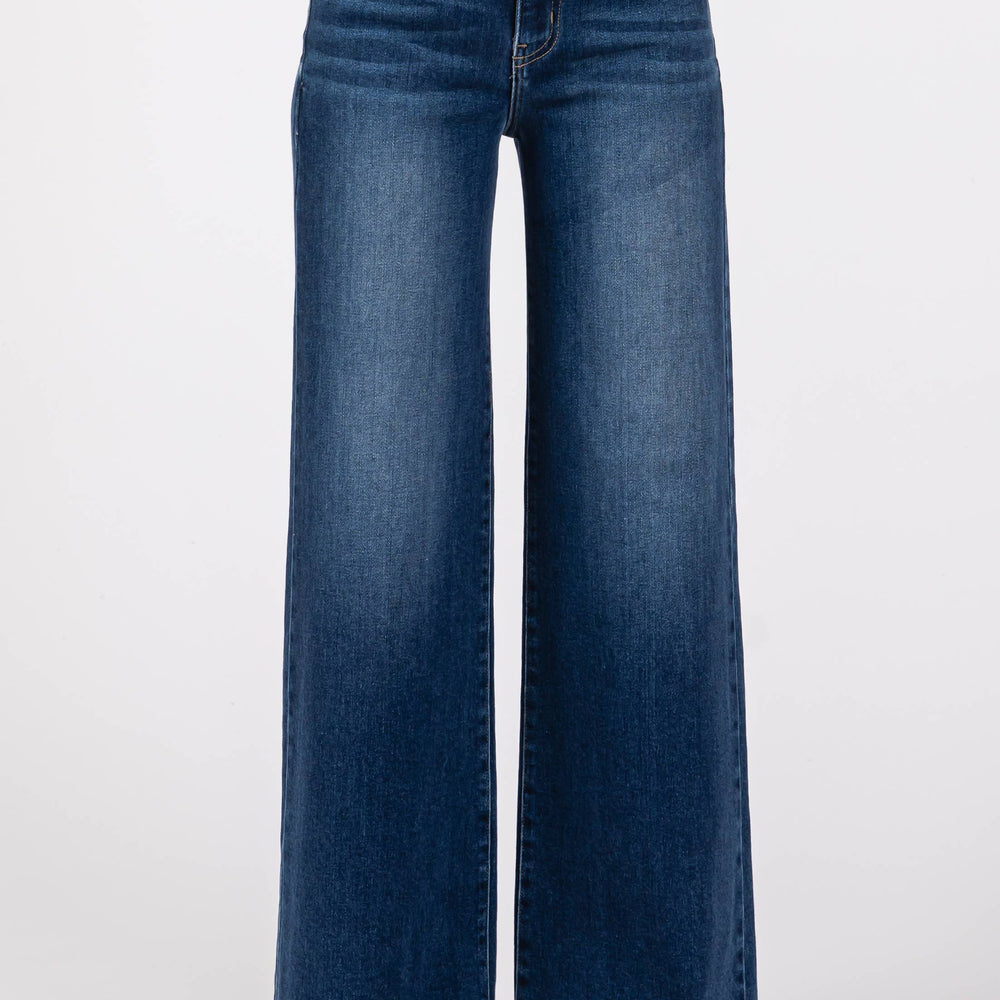 Close-up front view of the Pipa High Rise Superwide Jeans showcasing the structured fit, high waist, and dark wash denim texture.