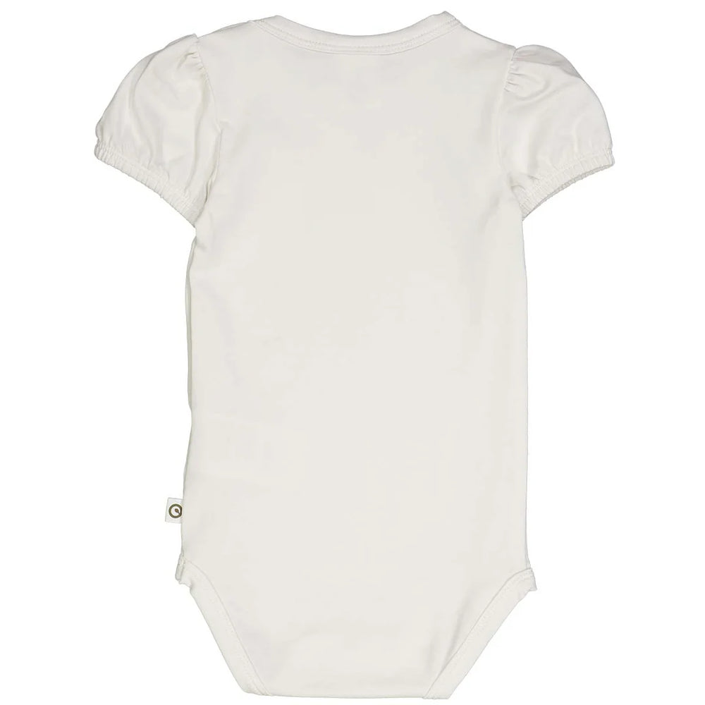 
                      
                        Back view of puff sleeve baby onesie in pink, laid flat to show simple back design and elastic detail.
                      
                    
