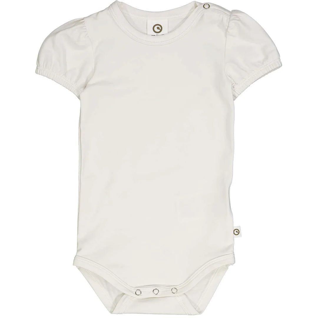 Front view of puff sleeve baby onesie in soft pink, laid flat to show puff sleeves and button details.