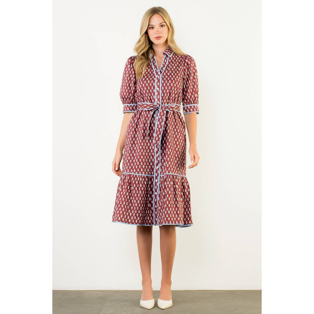 Front view of Puff Sleeve Print Midi Dress in 100% cotton with puff sleeves and flattering midi silhouette