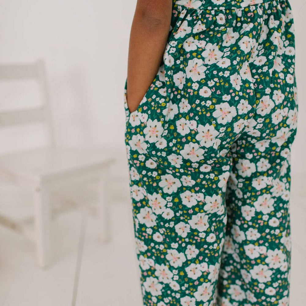 
                      
                        Back view of toddler model wearing the puff sleeve romper, highlighting the pockets and cropped wide-leg design.
                      
                    