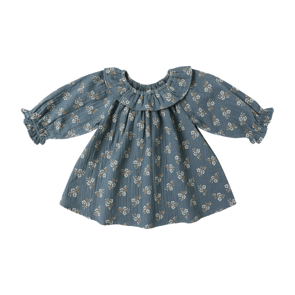 Front view of Quincy Mae Long Sleeve Isla Dress in blue floral print, featuring ruffled collar and long sleeves.