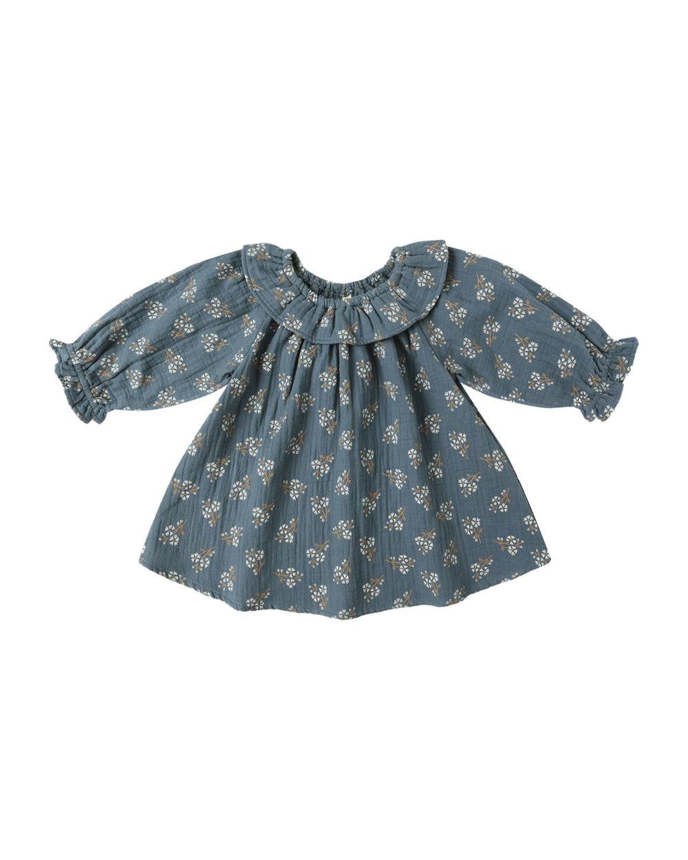 Front view of Quincy Mae Long Sleeve Isla Dress in blue floral print, featuring ruffled collar and long sleeves.